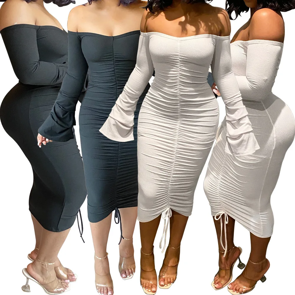 

Wholesale clothing women casual dresses off shoulder long sleeve drawstring stacked bodycon dress, Photos show