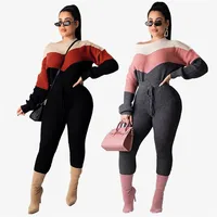 

C91964 hotsale knitting 2 piece pant set solid color women sweatsuit set color contrast knitting winter clothing set 2019