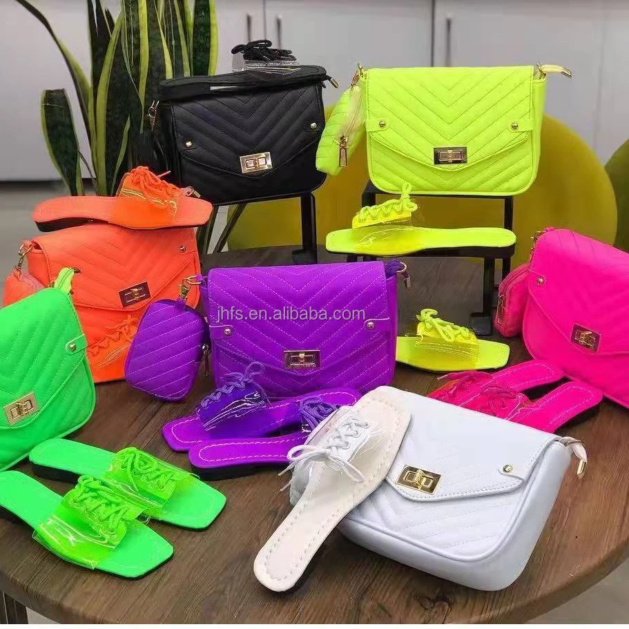 

J&H summer 2022 neon color shoes and bag set women fashion big size slipper and matching purse chic design, 6 colors as picture