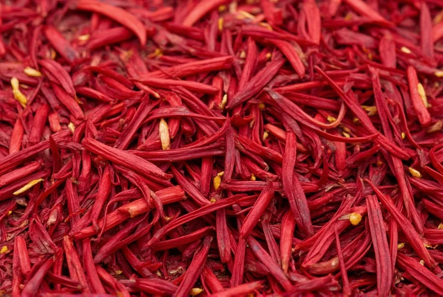 Close-up photograph of genuine saffron threads showing deep red color with yellow tips, next to common saffron adulterants like safflower and turmeric
