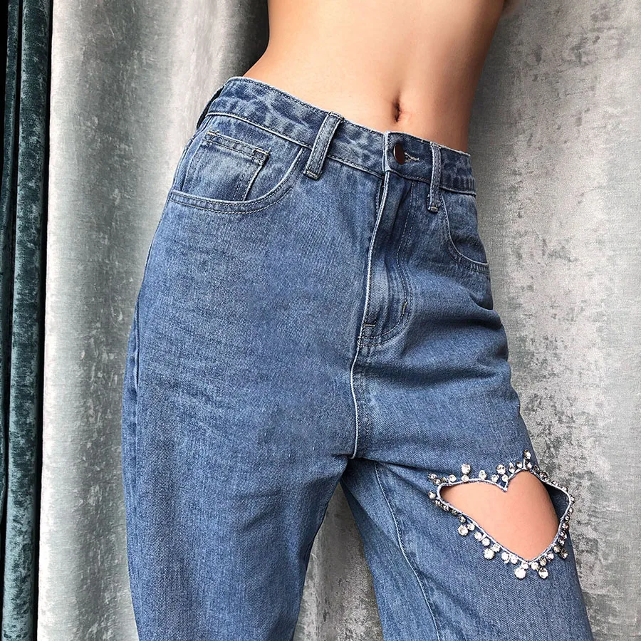 

Nibber W21P01108 High Waist Straight Diamond Jeans Hip Hop Denim Casual Baggy Trousers Y2K Harajuku Heart shaped Hole Pants