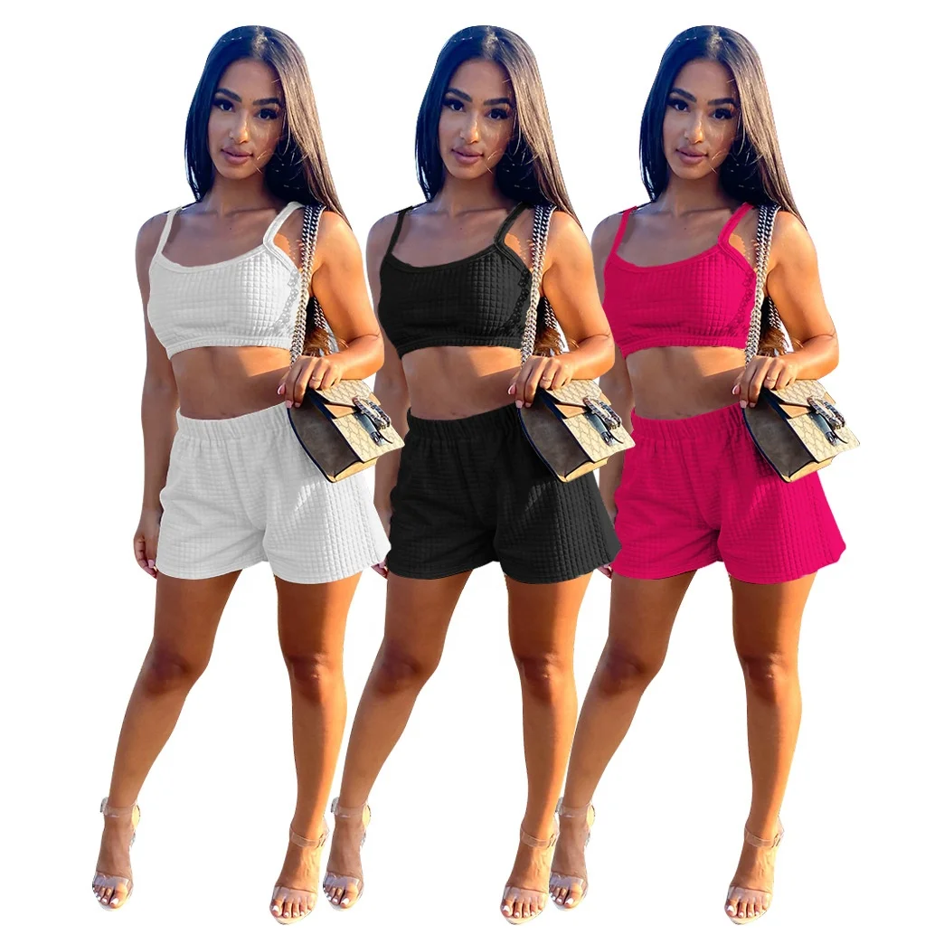 

MT272-8087 Women's Breathable sleeveless two piece vest shorts Sports suit Wrapped Chest Two Piece Set women clothing sets