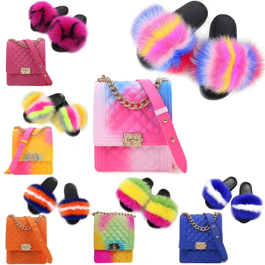 

Wholesale mommy and me fur slides and matching purse for women with purse set