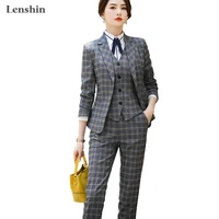 

Lenshin High Quality 3 Piece Set Plaid Formal Pant Suit Blazer Office Lady Uniform Designs Women Keep Slim Jacket and Pant