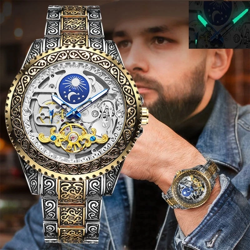 Forsining Men Watch Vintage Engraved Skeleton Tourbillon Mechanical Men's Watches Luxury Moon Phase Clock Male Dropshipping
