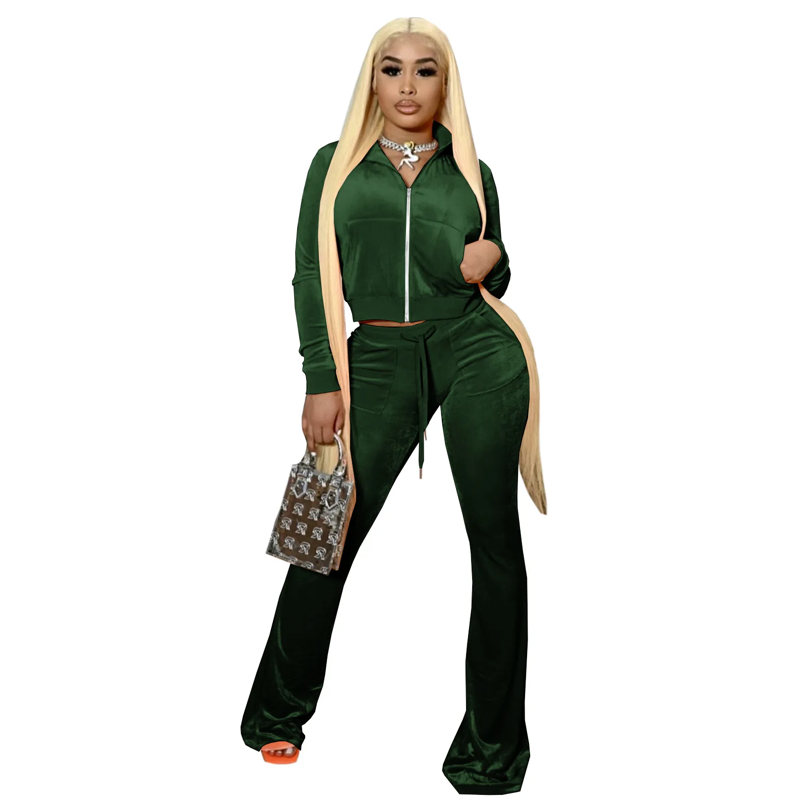 

2021 fall China factory supplied top quality fashion polyester sexy crop top velvet 2 piece set tracksuit women