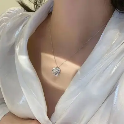 

New four-leaf clover heart crystal necklace custom zircon gold plated necklace woman