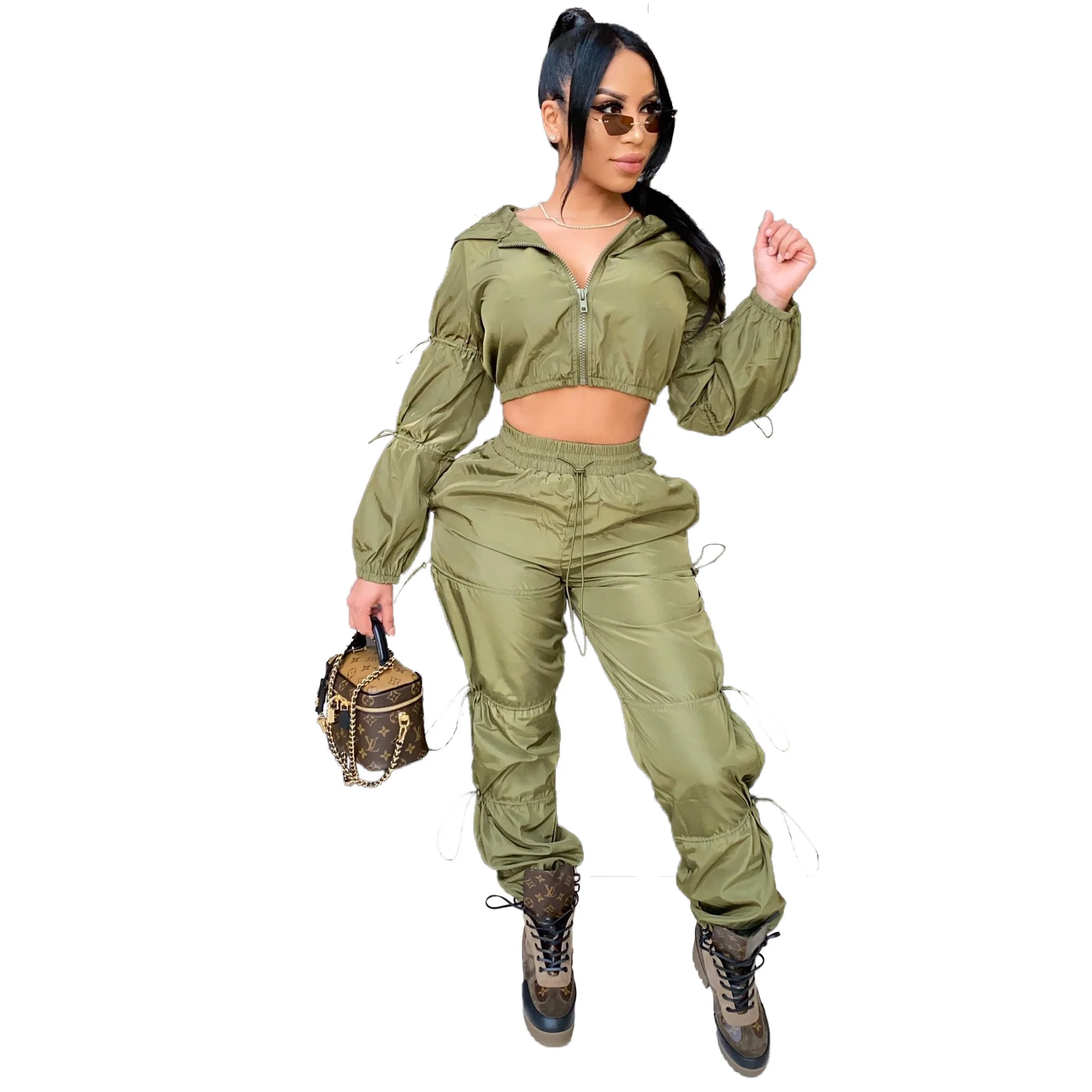 

2021 two pieces V-neck Satin solid color rubber band long sleeve pants two piece set for women, Picture