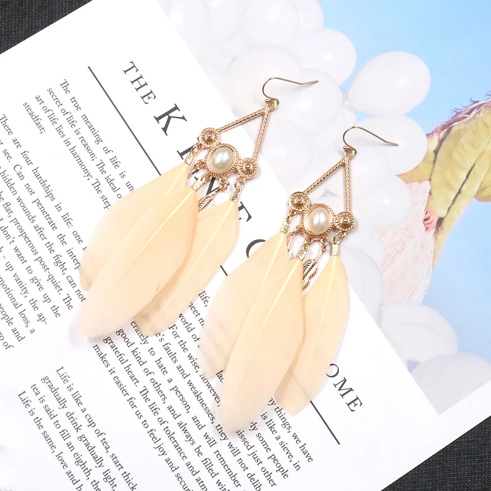 

Bohemian fashion creative accessories pearl feather women earrings