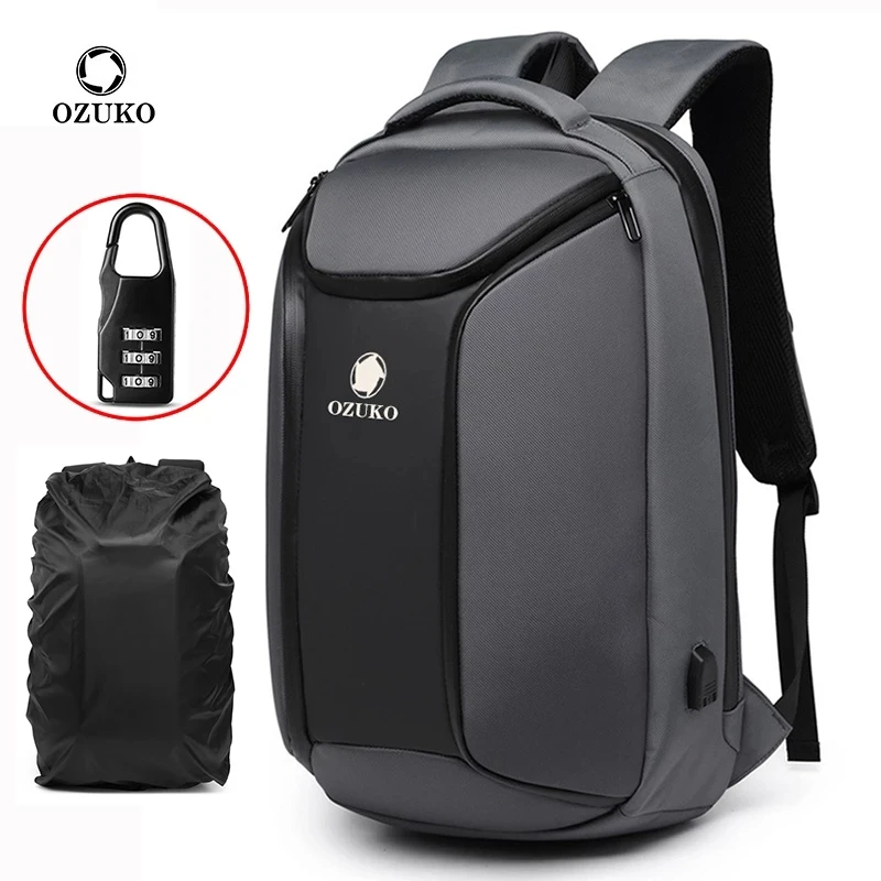 

OZUKO New Anti theft Men Travel Large Capacity USB Charge Smart Back Pack Waterproof Backpacks Luxury Woman Travel Bag, Black/grey/blue tactical backpack
