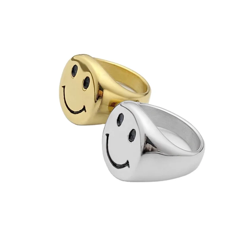 

316L Stainless Steel Gold Plated Smiley Face Ring Men And Women Fashion Trendy Simple Ins Titanium Steel Signet Ring, Silver, gold