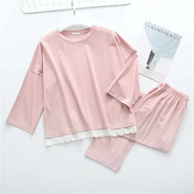

Japanese spring and autumn ladies sleepwear suit lace cute solid color plus size comfortable home service suit pajamas woman pin, Required