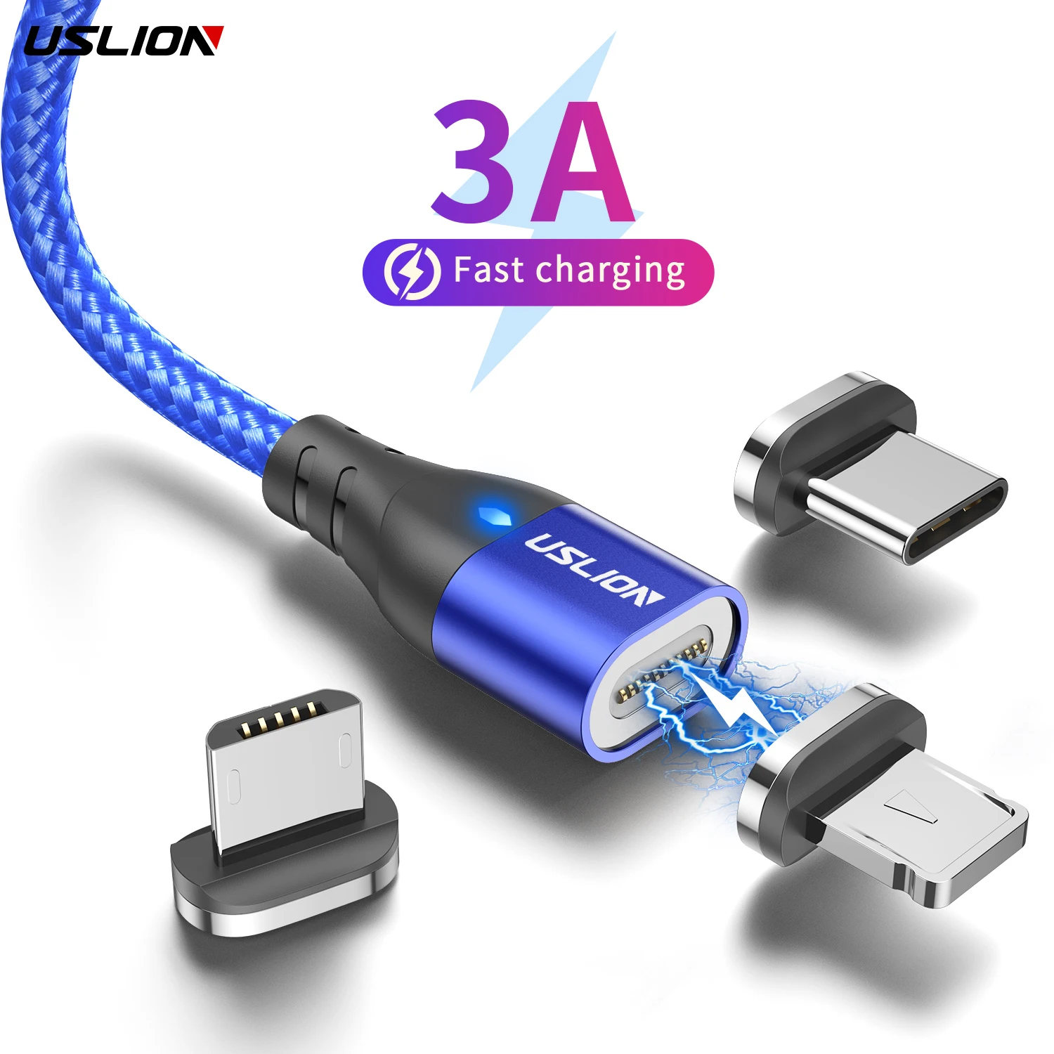

USLION 3in1 2M 6.6FT Micro USB Type C 8-pin 3A Fast Charging Magnetic Data Cable Mobile Phone for Samsung S22 21 Ultra, Black red blue