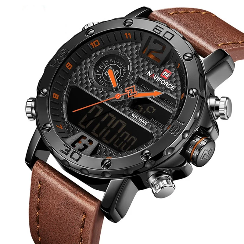 

NAVIFORCE Watch 9134 Top Original Brand Sports Watches Men Wrist Digital Leather Waterproof Dual Display Clock Relogio Masculino, 5-color