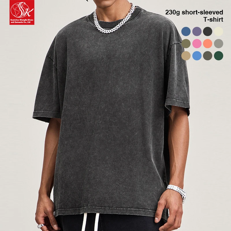 SK 250g European American Washed Retro Old Fried Trendy Brand Oversized 100% Cotton Puff Printed Short-sleeved Unisex T-shirt