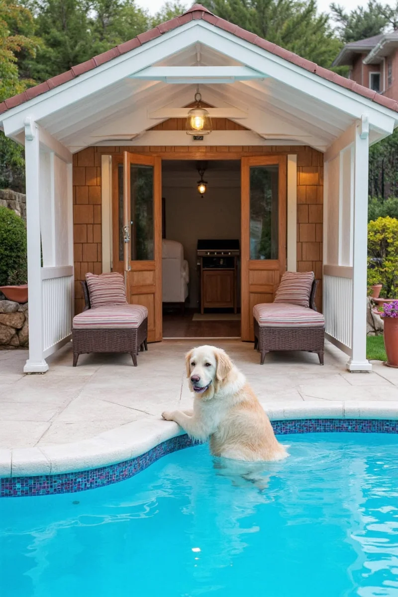 Interior of a pet-friendly pool house featuring textured vinyl floors and weatherproof furniture.
