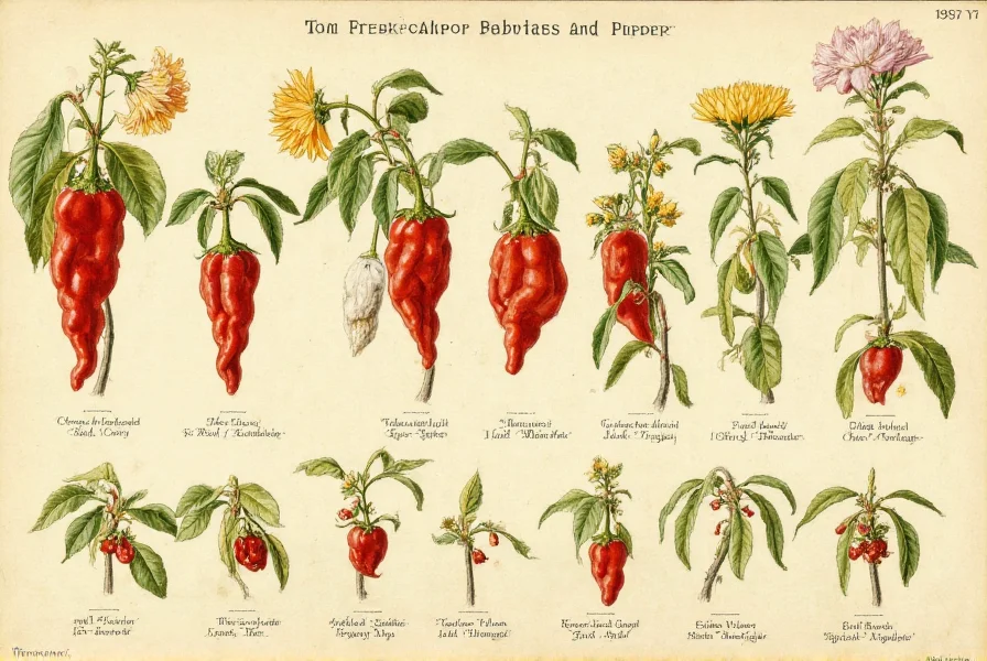 Historical illustration of pepper varieties with botanical labels showing flower to fruit development
