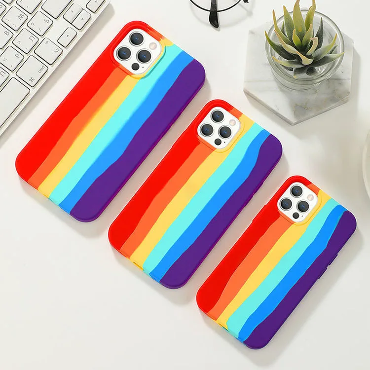 

Fashion Colorful Cellphone Back Cover Shockproof Liquid Silicone Rainbow Phone Shell for iPhone 13 12 11 Pro max Xr Xs Max 8 7 6