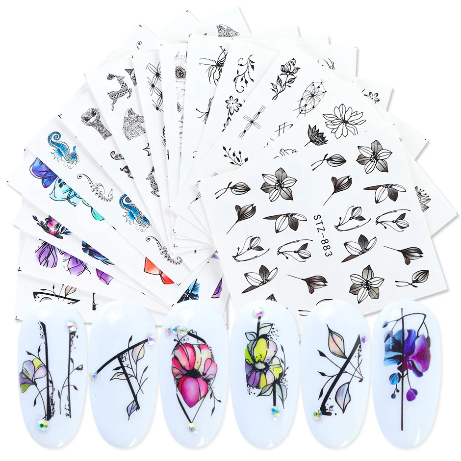 

14pcs Black Nail Stickers Slider Flower Lotus Butterfly DIY Floral Designs Water Tattoo for Wraps Decals Manicure Set