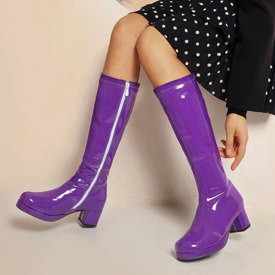

Fashion Patent Leather Women Knee High Boots Low Chunky Heel Round Toe Ladies Short Boots Plus Size 43, Black,white, red,yellow,orange, green,purple