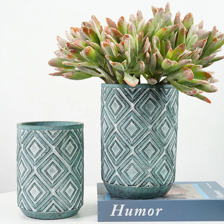 

Attractive retro pattern tall cement cylinder planters home garden manufacturer wholesale flower pots, Blue