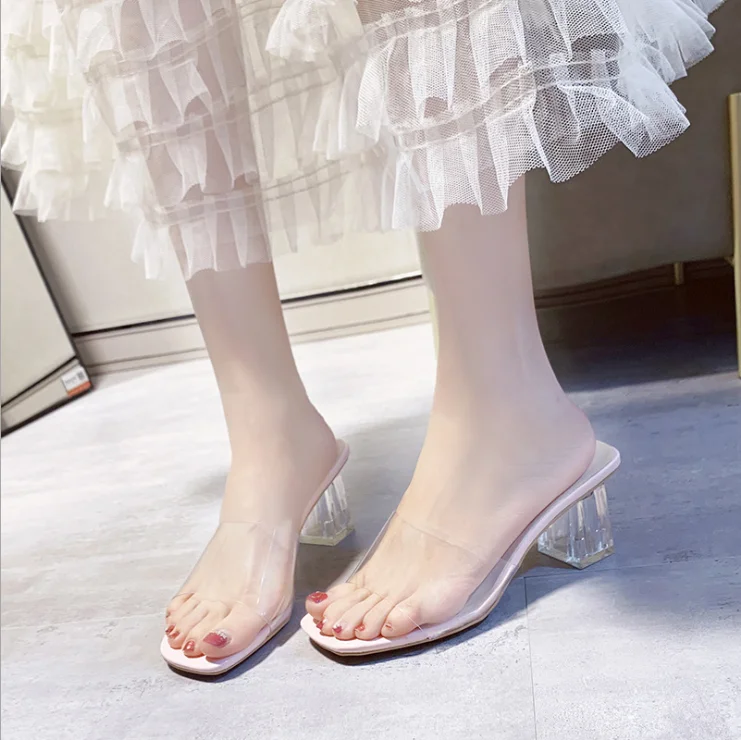 

AJ-S111 Women Summer Shoes Fashion Clear Square Toe Block Heel Sandals Slippers Heels For Women, Yellow, black, beige, pink