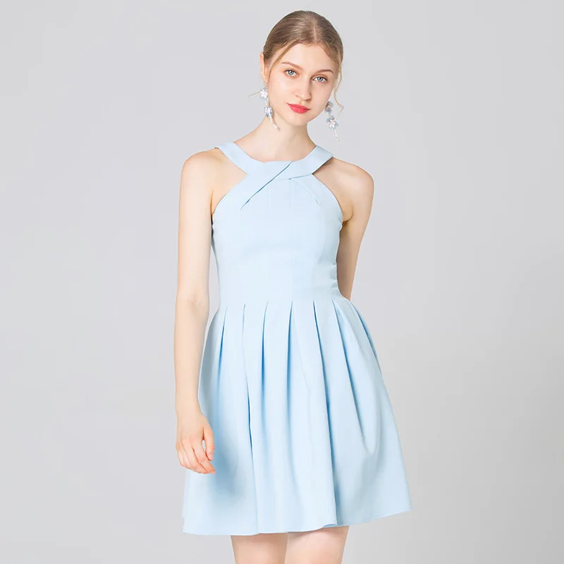 

2021 wholesale fashion women elegant Halter blue swing dress