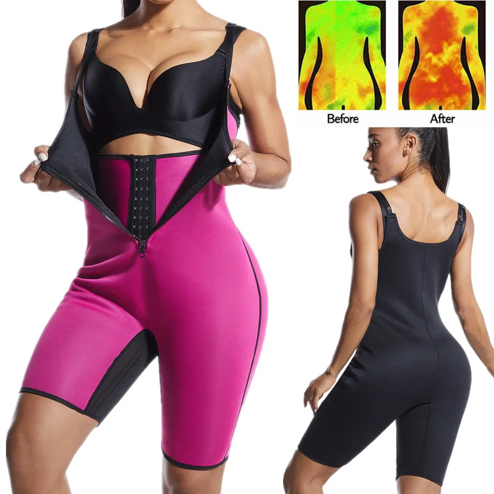 

FullBody Sauna Suit Sweat Neoprene Suit Slim Bodysuit Waist Trainer Zipper Shapewear Weight Loss Sauna Suit, Pink/black