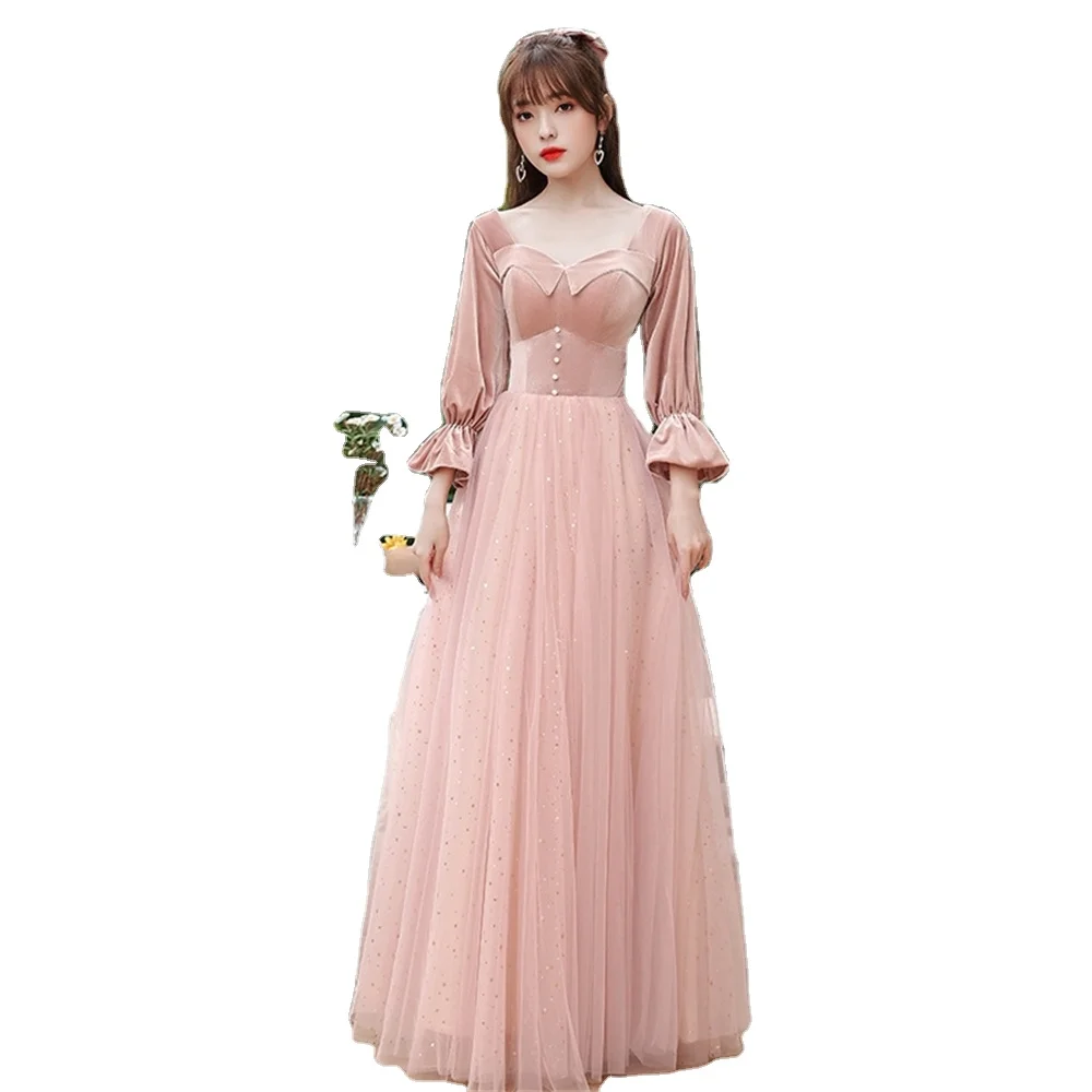 

Elegant velvet bridesmaid dress womens long sleeve slimming evening gown pink girls long dress