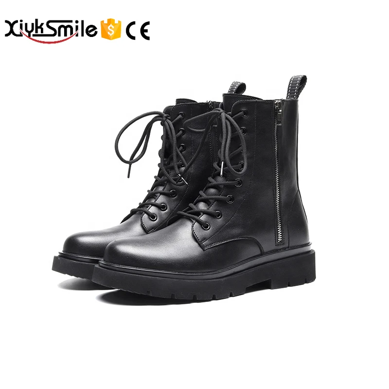 

Hot selling new black lace up retro British style thick sole with side zipper high top martin boots men's shoes