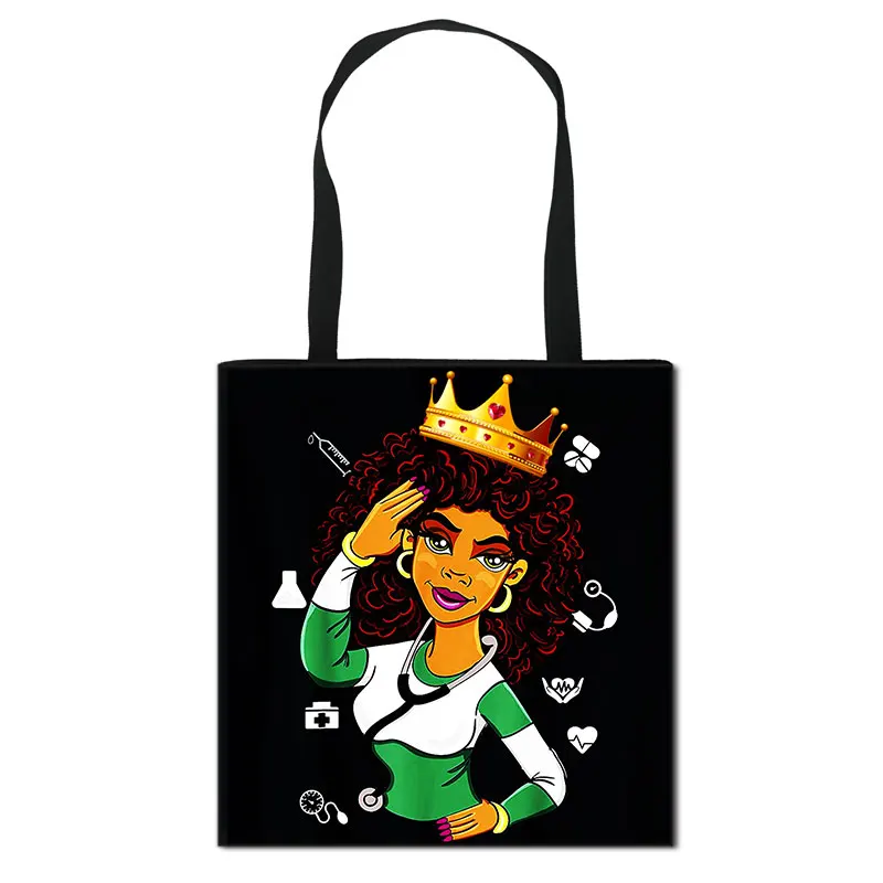 

Black Nurse with Crown Women Totes Afro Ladies Fashion Handbag American Africa Girls Canvas Shoulder Bag Cute Shopping Bags