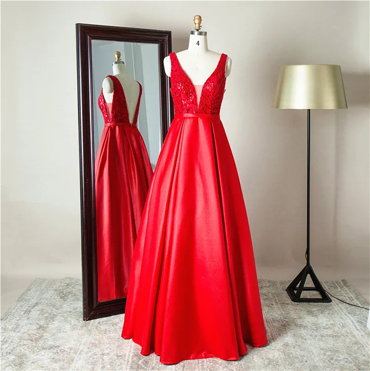

Modern design deep v neck sleeveless red formal sequin stain special occasion prom dresses