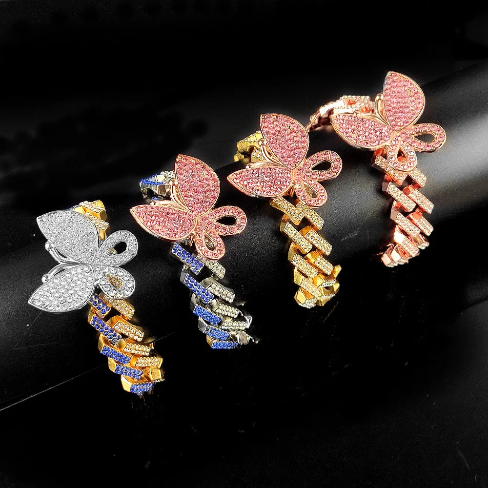 

Hip Hop Jewelry Diamond Cubic Zirconia Pave Bling Ice Out Butterfly Bracelet Cuban Chain For Women Men, Silver/gold/pink gold