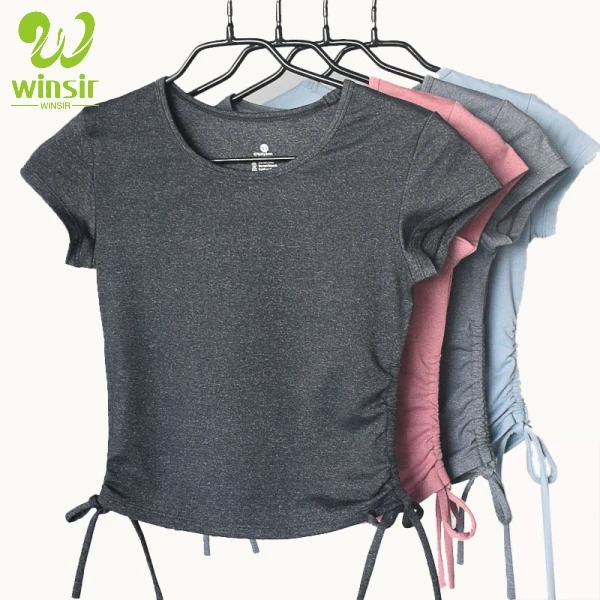 

wholesales nylon spandex sexy activewear casual sports wear side tie short sleeve shirt fitness &. yoga wear workout crop top, Red;black with one leg of two bands