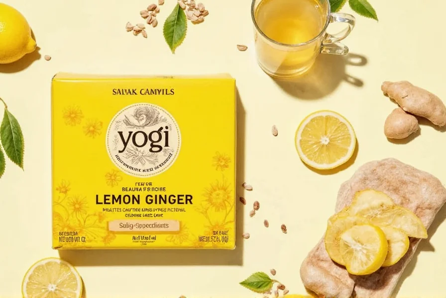 Close-up of Yogi Lemon Ginger Tea ingredients including dried ginger root pieces and lemon myrtle leaves
