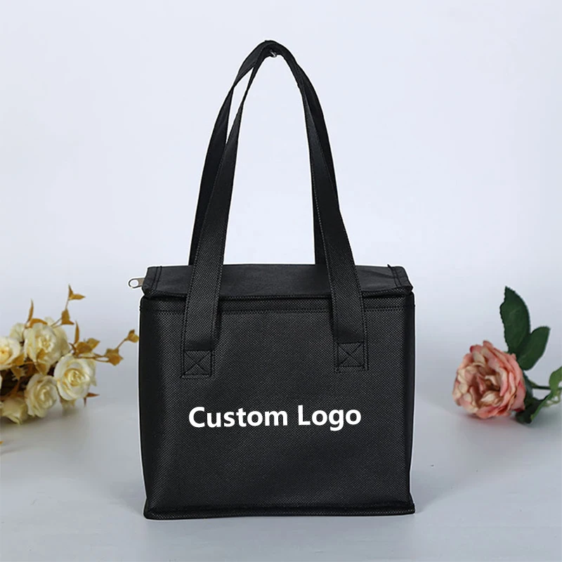 

Custom Eco Friendly Black Nonwoven EPE 6 12 Pack Wine Bottle Lunch Box Food Delivery Insulated Cooler Bag with White Logo