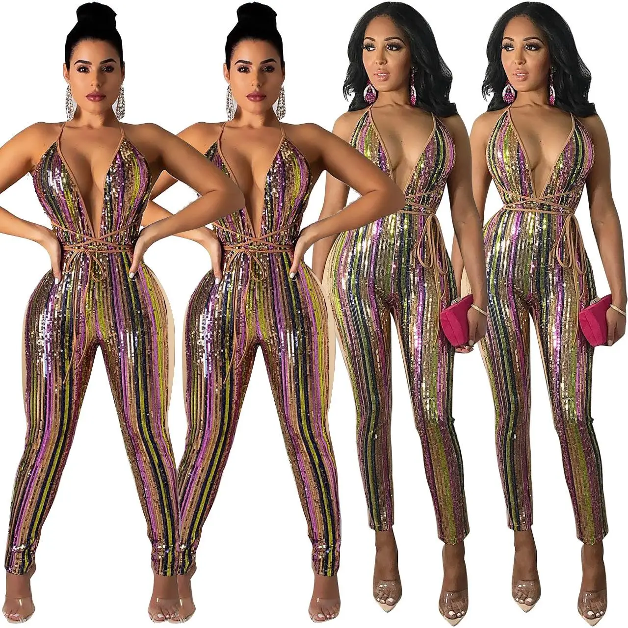 

Ladies Casual V-Neck Neon Bodycon Spaghetti Straps Sequined Shinny Metallic BlingBling Romper Women Simple Sexy Jumpsuit