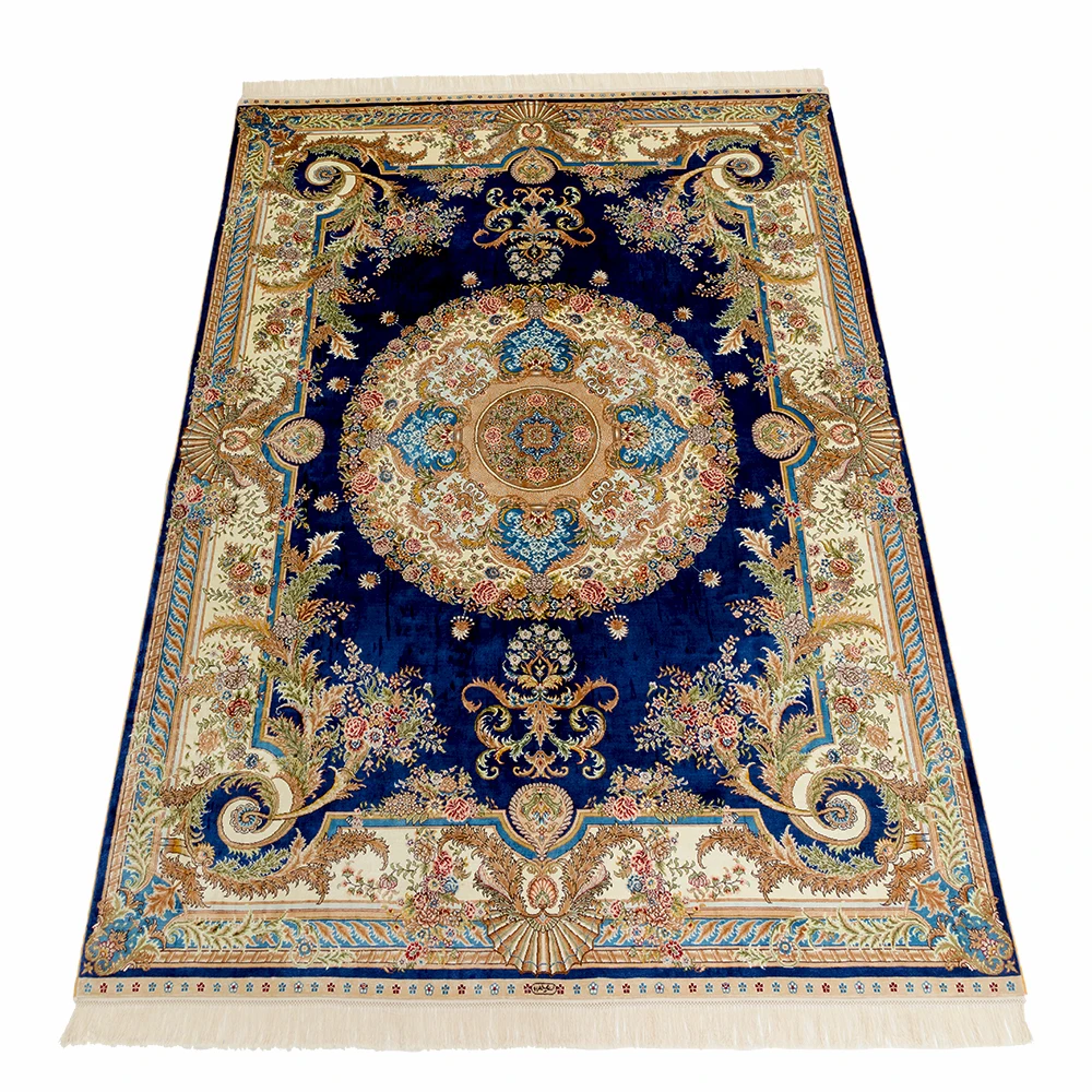 

Fashion Design 5*7ft 260Lines 470Knots 100% Hand Knotted Blue Floral Silk Rugs and Carpets Persian