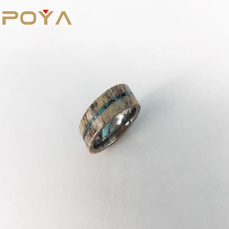 

POYA 8mm Tungsten Ring With Real Deer Antler and Thin Stripe Crushed Inlay Hunting Wedding Band