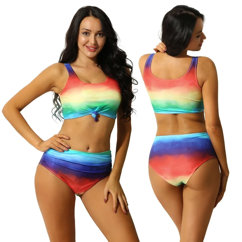 

Custom Women Rainbow Print Tankini Set Crop Tank Top With Bottom Swimwear Swimsuit Bikini