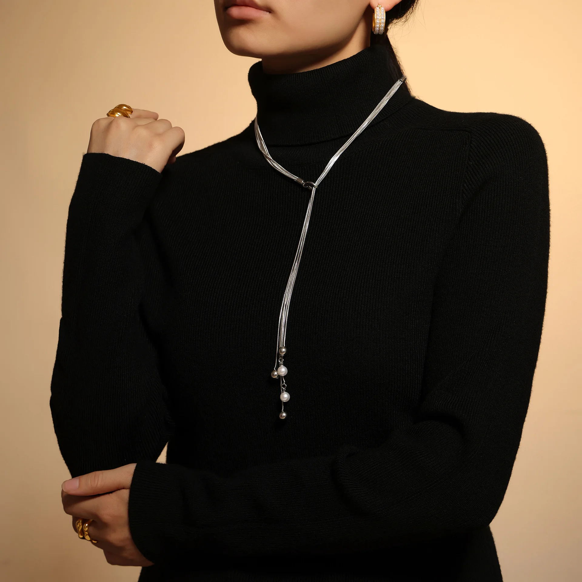 YF6018 Waterproof Stainless Steel OT Buckle Adjustable Jewelry Multilayer Tassel Imitation Pearl Pendant Women Necklace