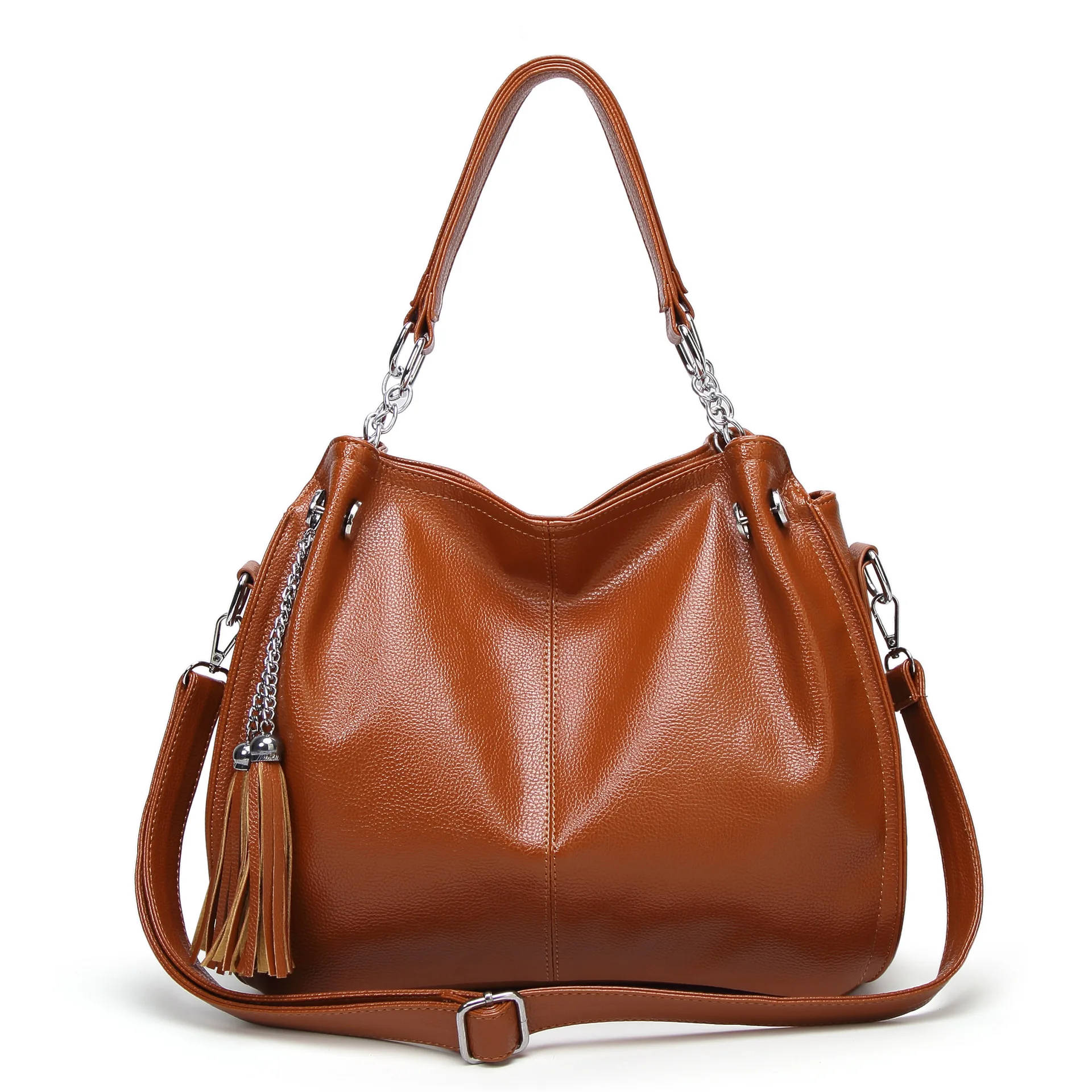 

Wholesale manufacturers vintage retro brown large capacity bags women leather purses handbag with tassels, Customized