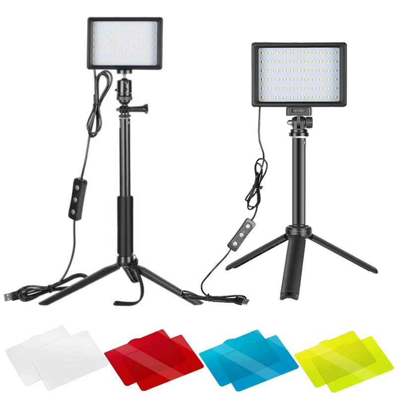 

Newest 2 Packs 4 Colors Filters Dimmable 5600K USB 66 LED Brightness Video Light Photographic Lighting with Tripod