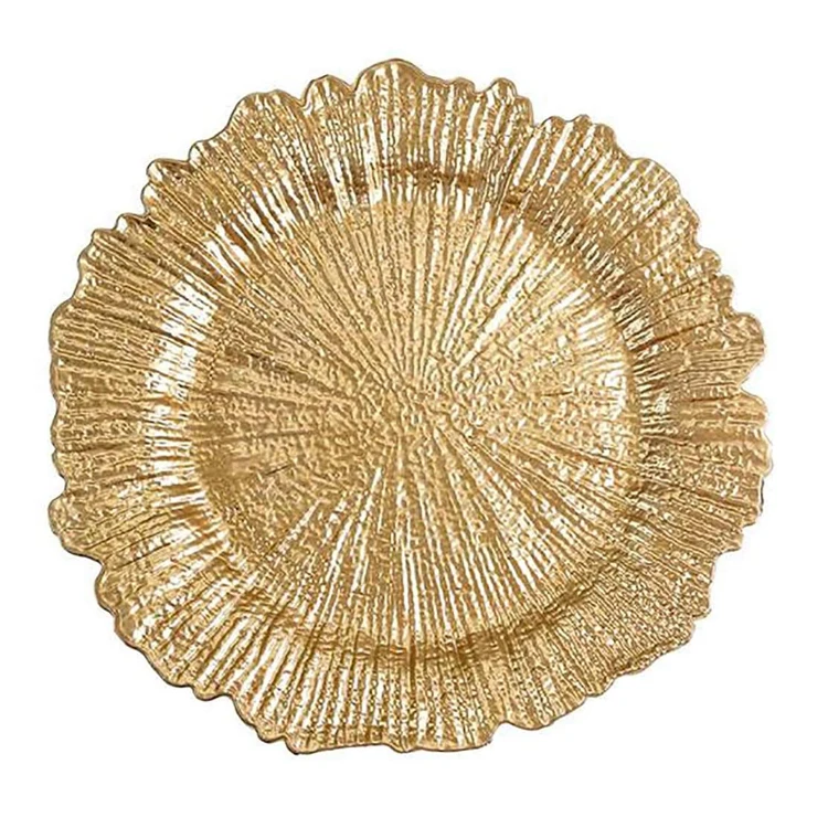 

Wholesale Cheap Reusable Thick Plastic Gold Reef Charger Plate Wedding Party Decorative 13 Inch Charger Plate, Gold / silver