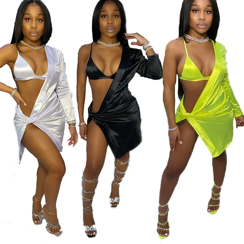 

2021 new sexy solid color one-shoulder design halter feature skirt irregular suit dresses women