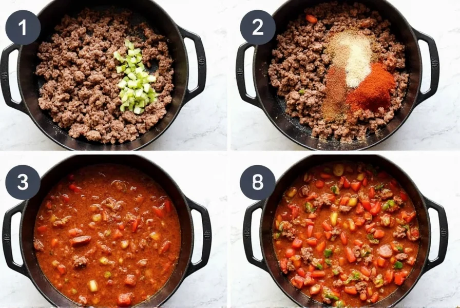 Step-by-step preparation of low carb chili with ground beef, diced vegetables, and spices in a cast iron pot