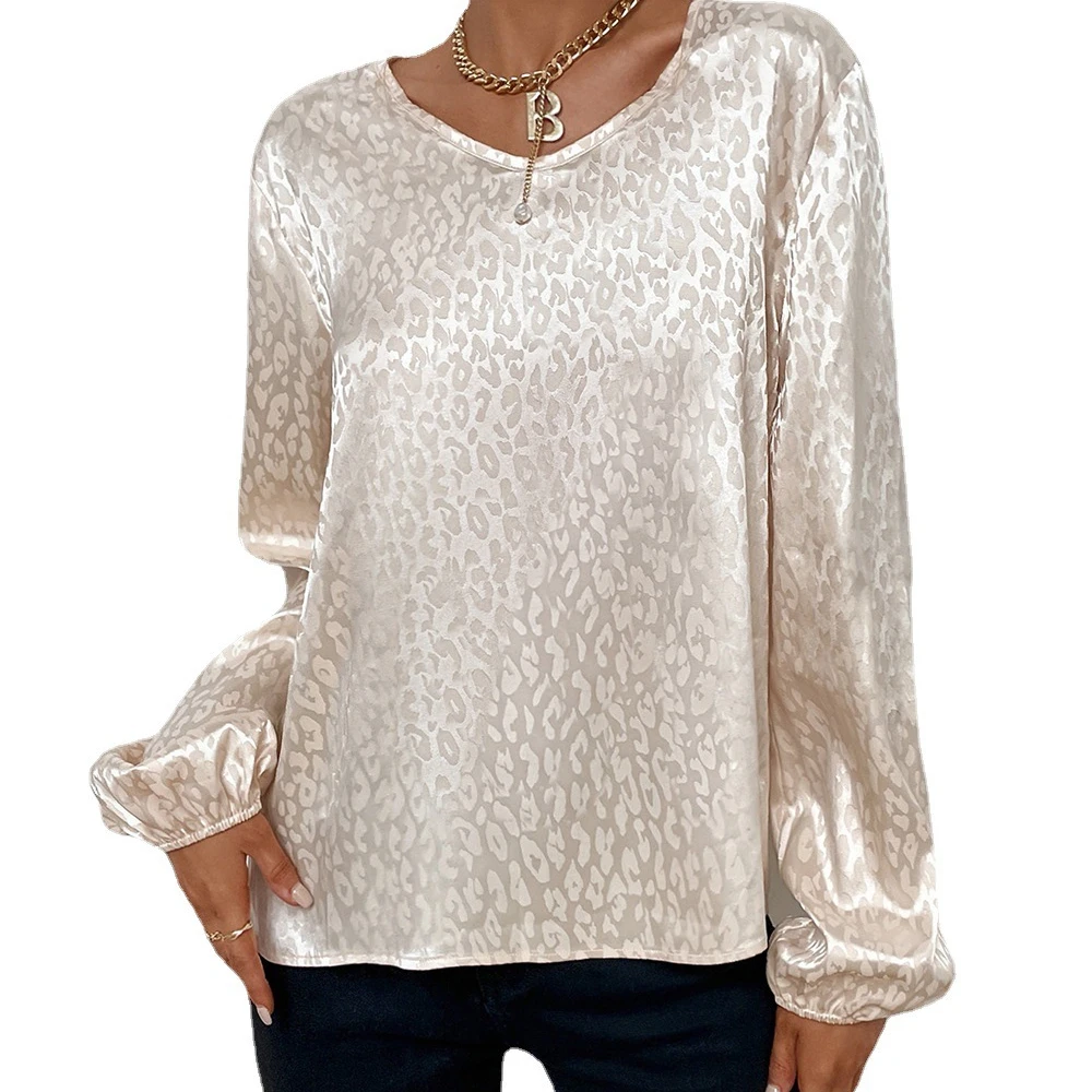 

Spring V-neck Pullover Leopard Shirt Women's Jacquard Long Sleeve Shirt Top Blouse Top 2022