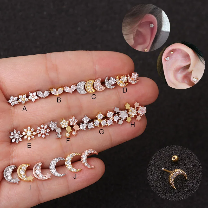 

50pcs/Lot Tiny Cz Flower Star Moon Small Cartilage Stud Earring 20g Stainless Steel Tragus Rook Conch Helix Piercing Jewelry, Silver,yellow gold, rose gold