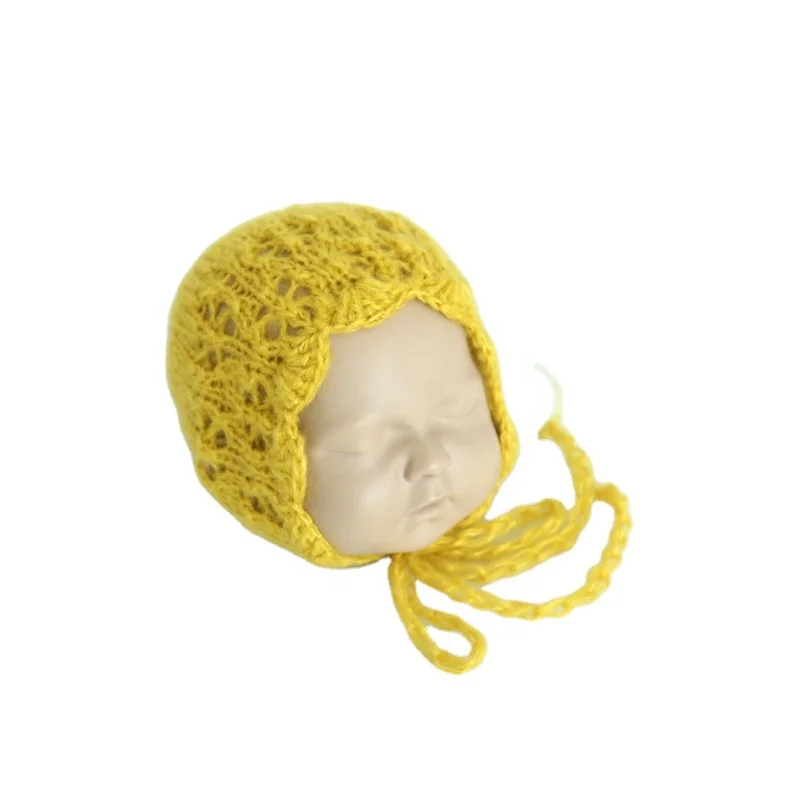

Baby handmade knit bonnet photo shoot props mohair crochet newborn beanie hat for photography prop