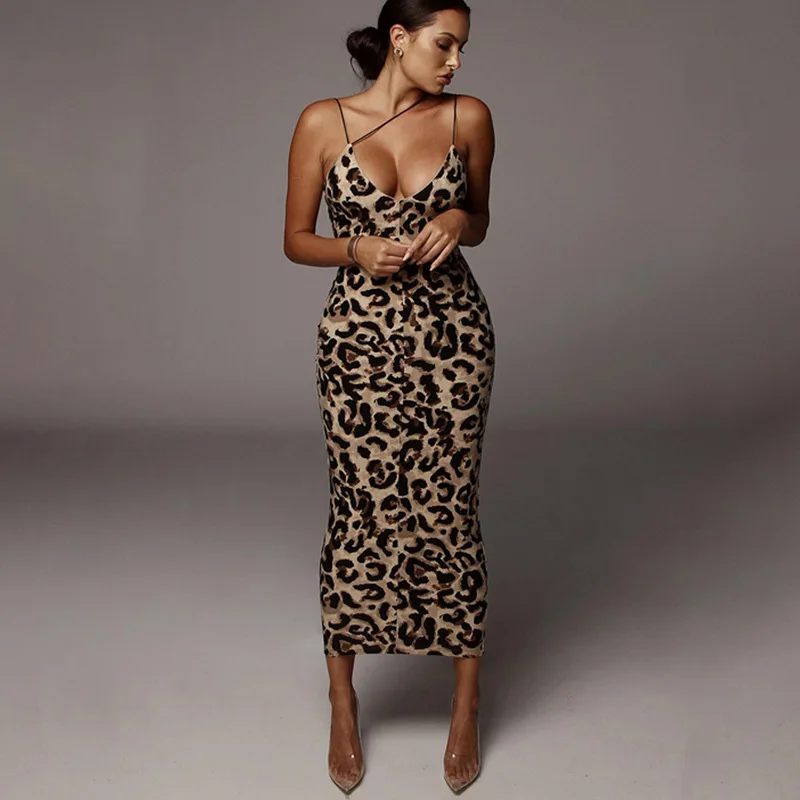 

Sexy Snake Leopard Print Maxi Dress Women Fashion V-Neck Sleeveless Strap Dress Slim Party Club Clothes, Picture color